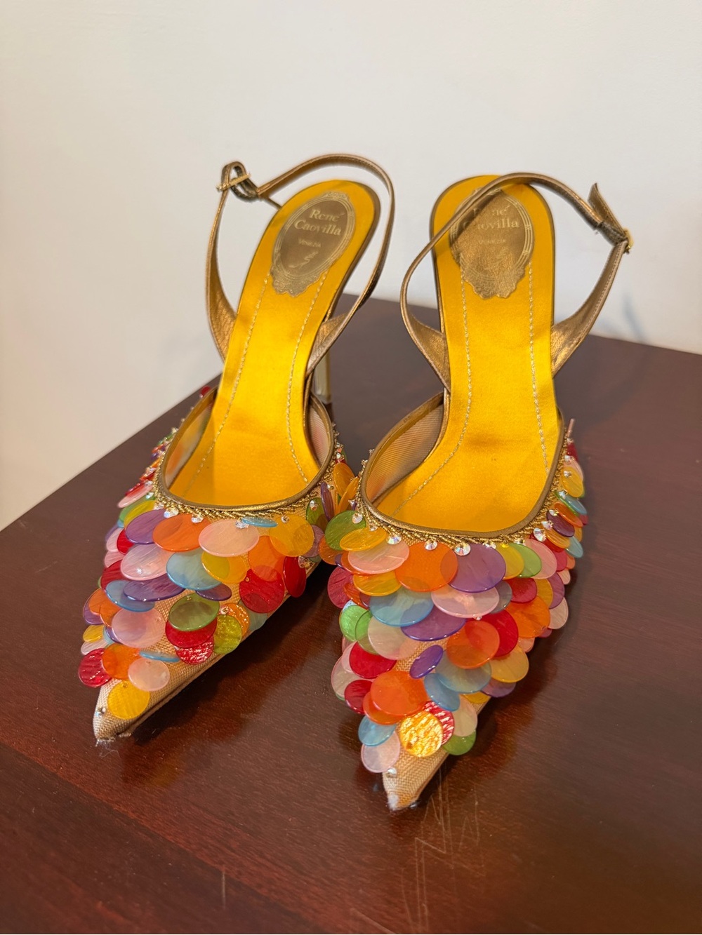 Rene Caovilla Rainbow Pailette Pointed Slingback Heels